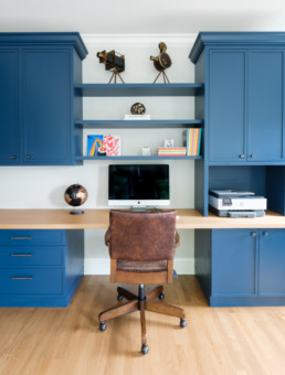 custom blue cabinetry in home office
