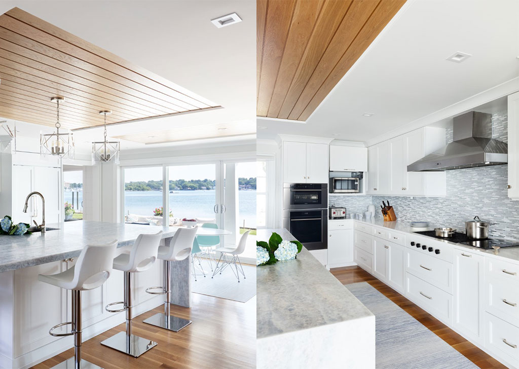 Seamless design takes the eyes through waterfall countertops to waterfront views!